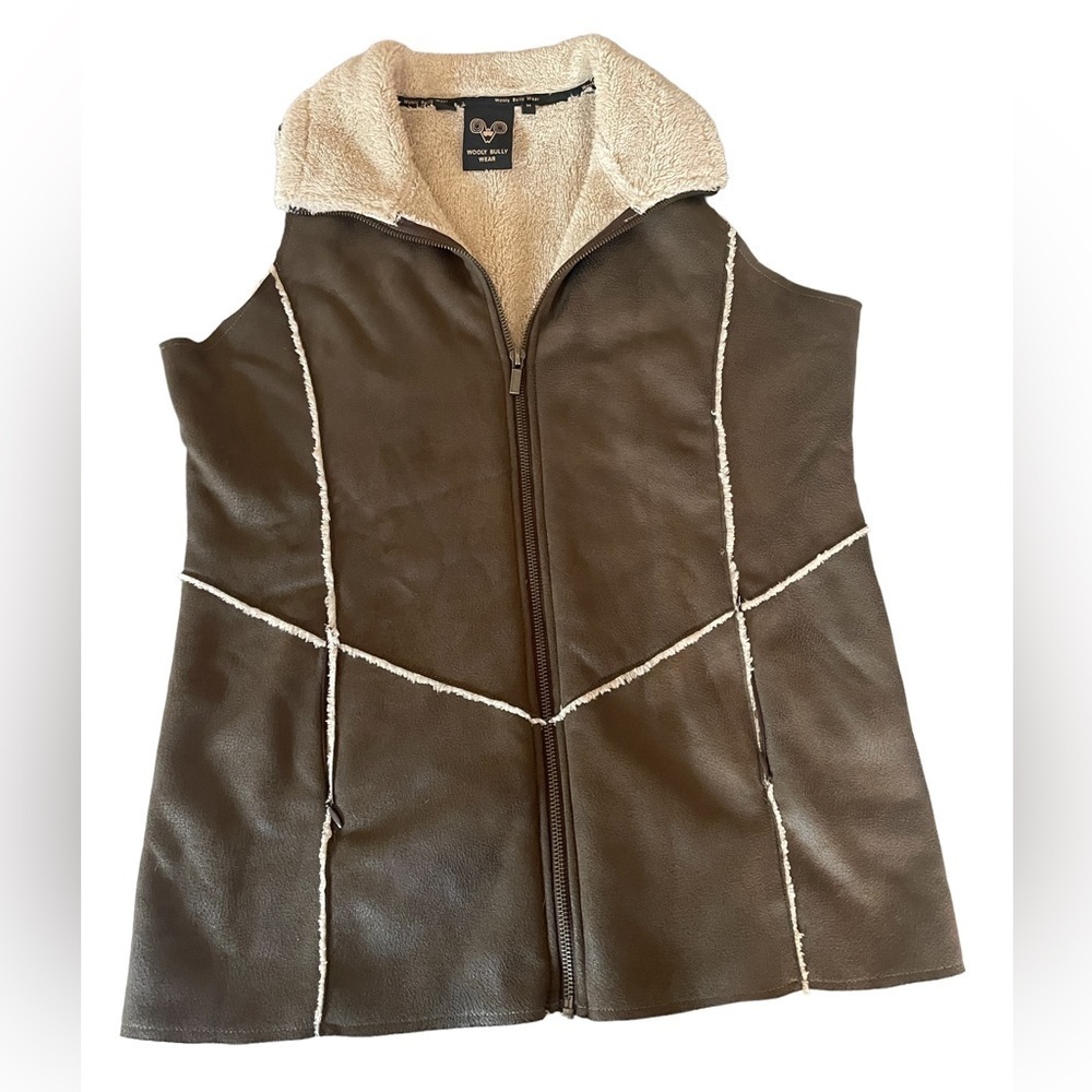 WOOLY Bully Sherpa Lined Faux Suede Vest Olive Green Medium